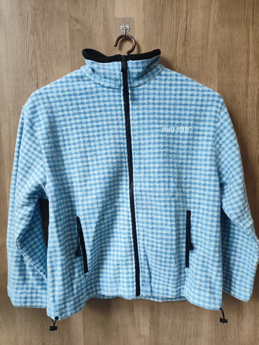 💙Miu Miu Blue Gingham Fleece Zip‑Up Jacket